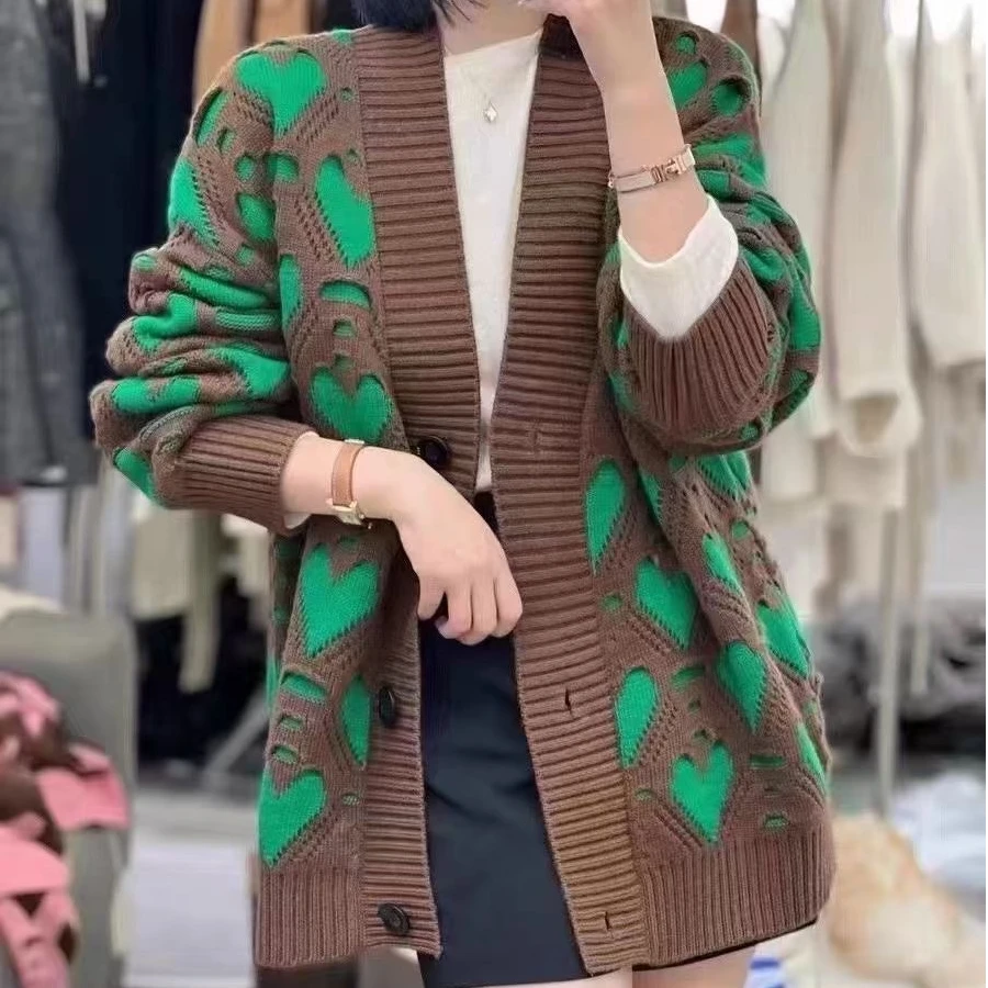 088【咖色爱心开衫】北京专柜新款重工提花针织开衫