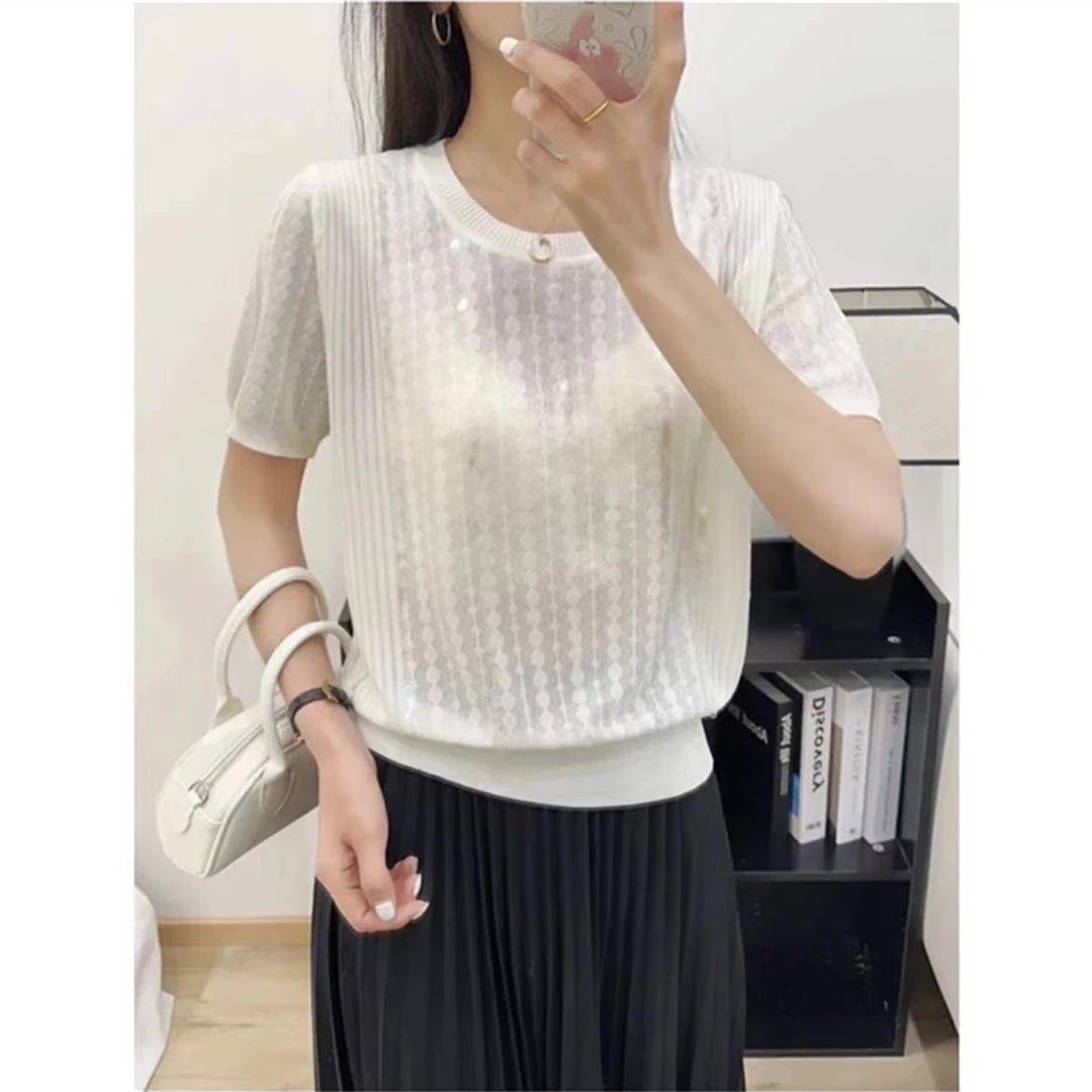 129【亮片】2024早春季新款时尚气质百搭针织短袖