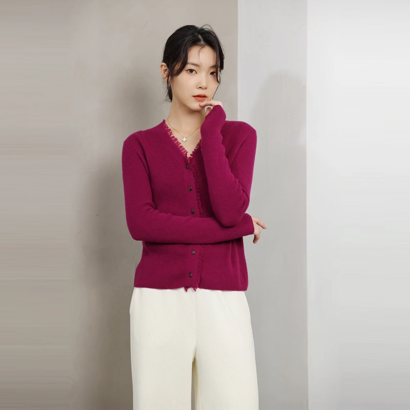 婉甸温莎葡萄酒色毛织开衫1234W50RX4YX