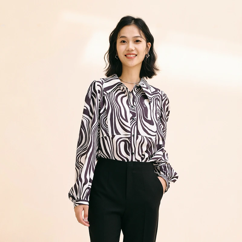 婉甸新品数字斑马纹条纹长袖衬衫印花上衣衬衣1233S11DY4