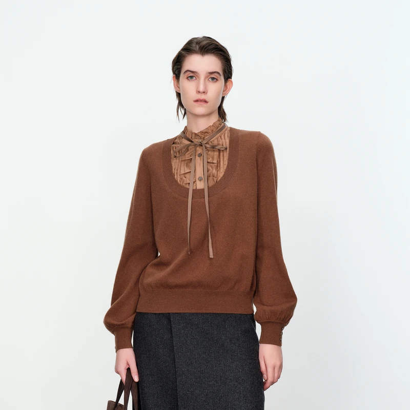 婉甸咖色假两件拼接毛织套头衫1234W59RT4