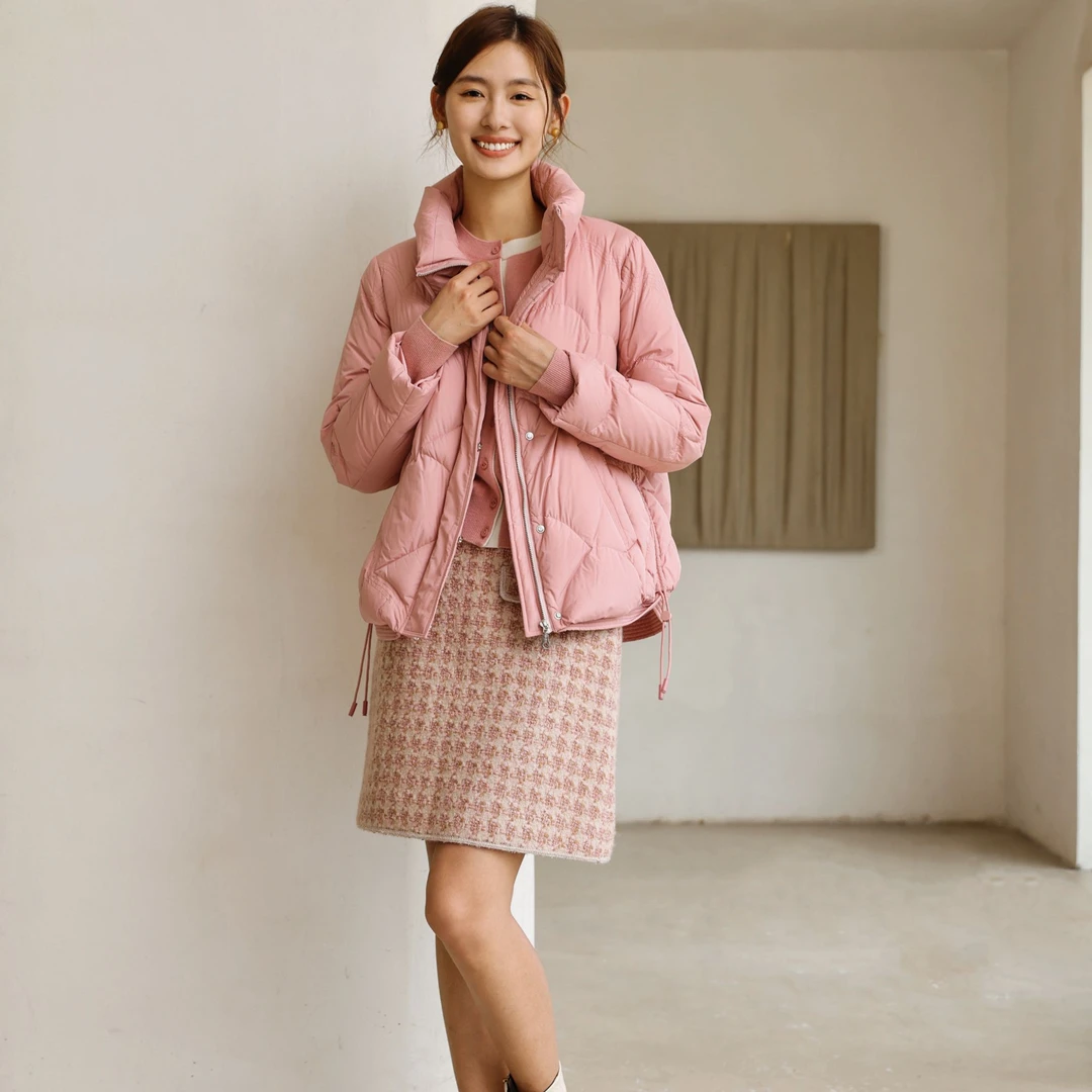 婉甸新品时尚休闲保暖冬季桃皮粉短款羽绒服1234D02RT2