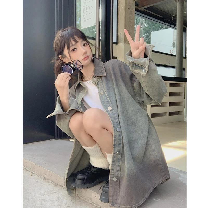 复古水洗扎染牛仔衬衫外套女设计感小众中长款宽松慵懒风早春衬衣