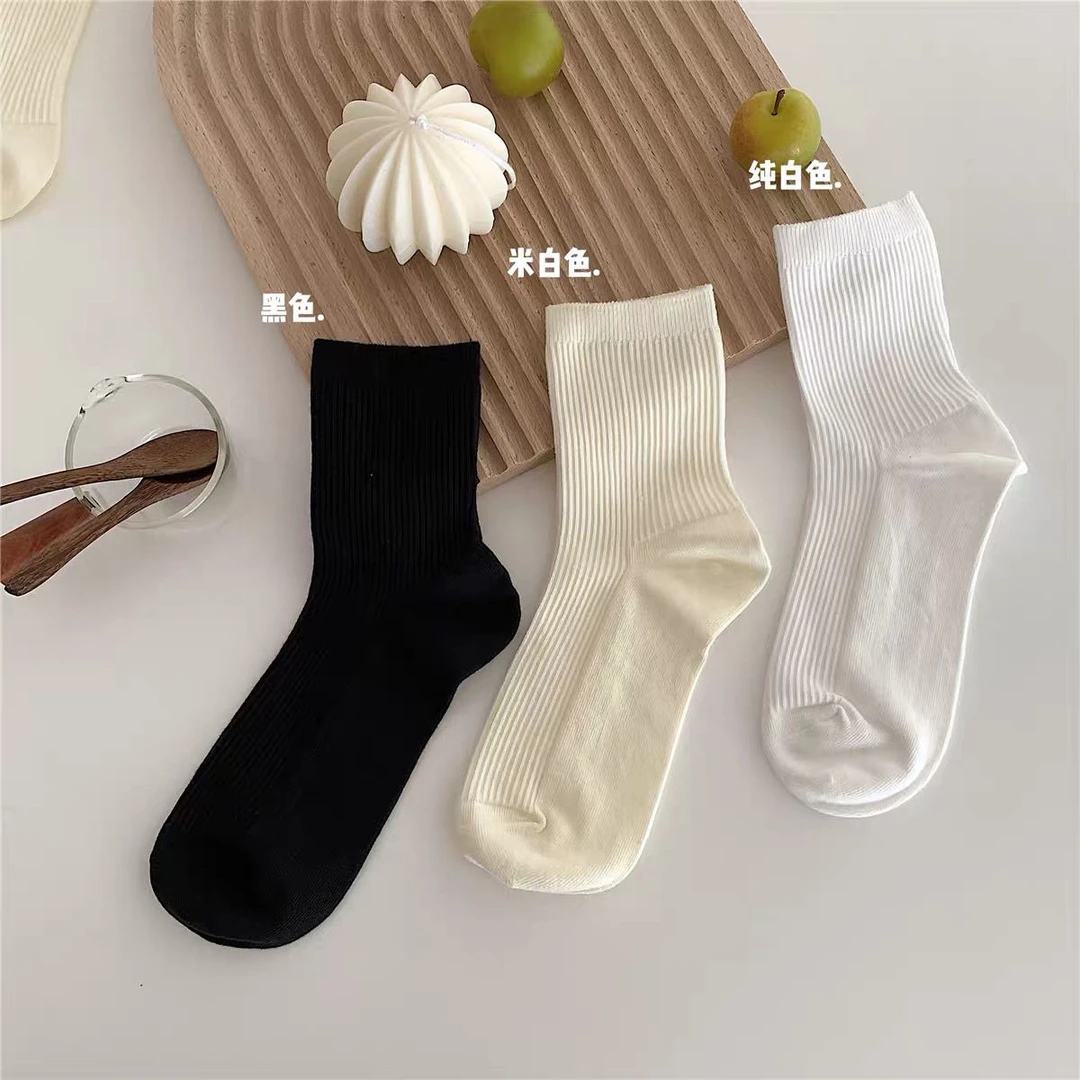 【粉丝福利】袜子女双针纯色条纹中筒袜 女士防汗百搭成人堆堆袜