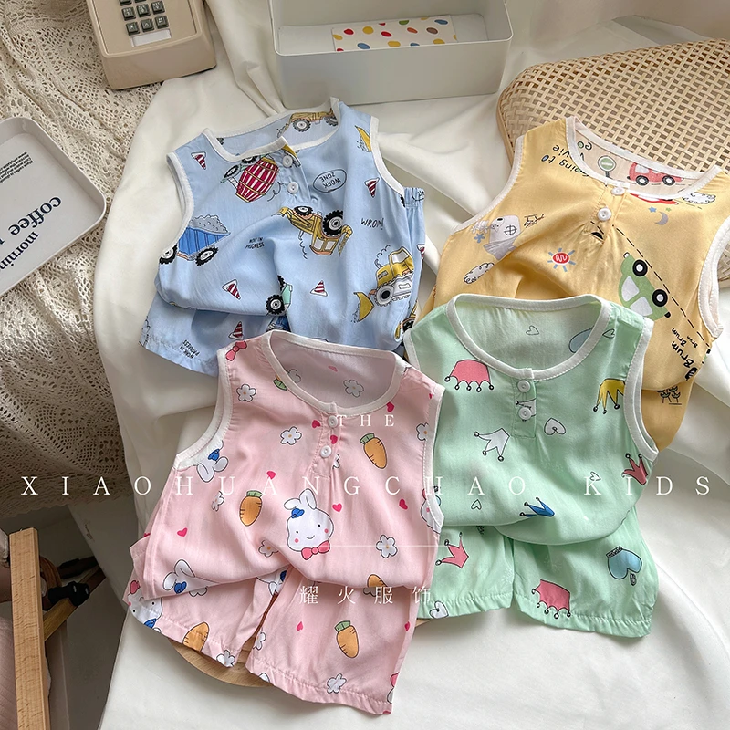 夏季儿童背心套装男女宝宝棉绸无袖空调家居服0-8岁背心短裤棉绸