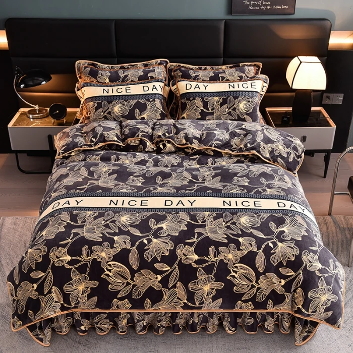 秋冬8斤加厚牛奶绒四件套床裙款加绒双面绒被套被罩床上用品