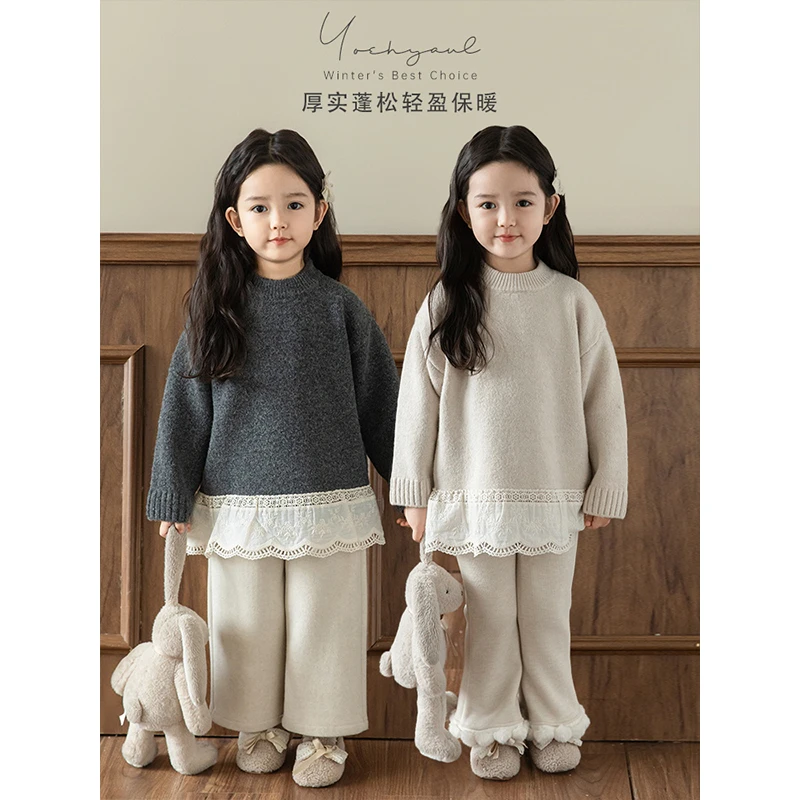 幼悠女童蕾丝边假两件厚织毛衣宝宝衣服秋冬款儿童潮牌服装D4040
