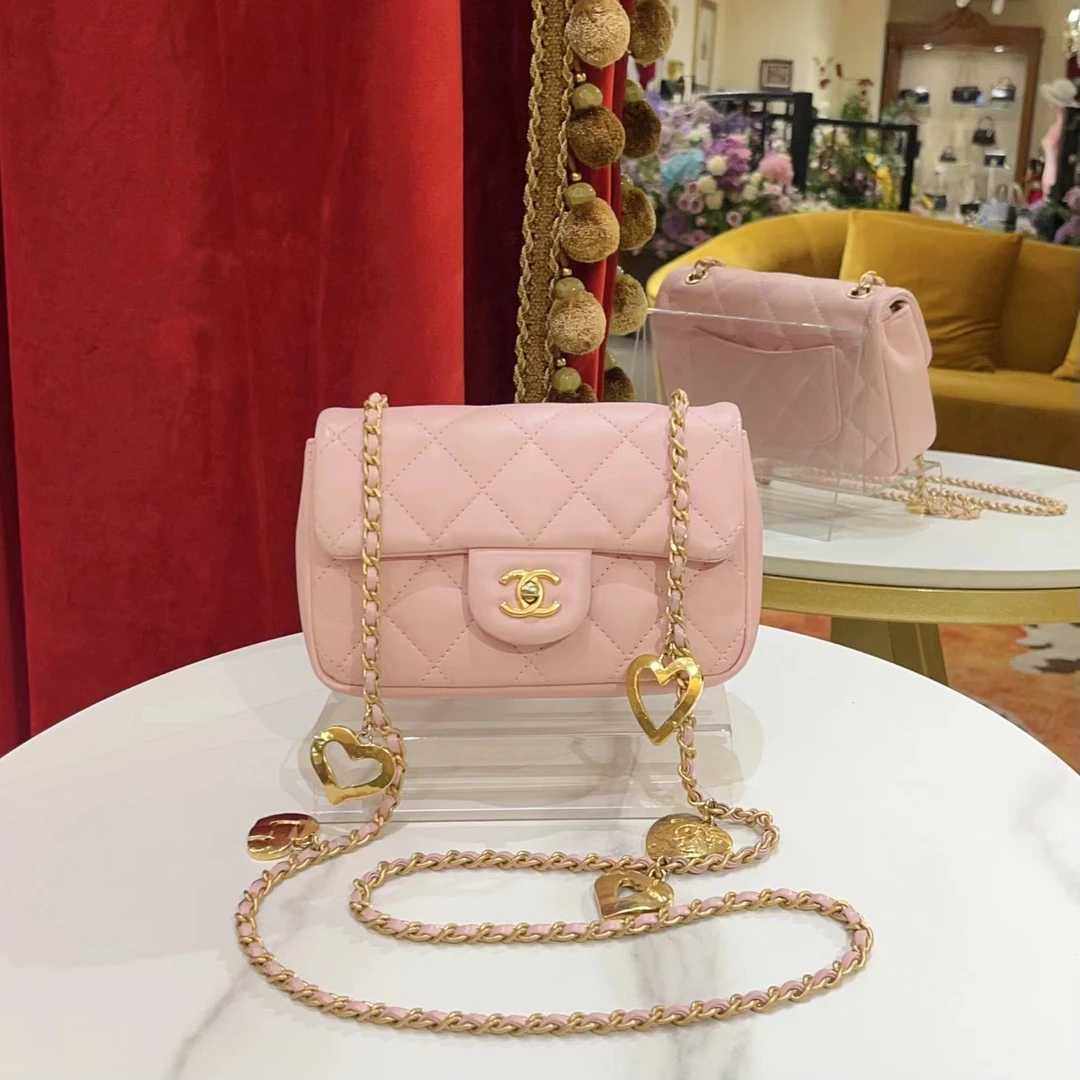 95新 Chanel/香奈儿 GGS丨爱心链条cf大mini粉色金扣40898146