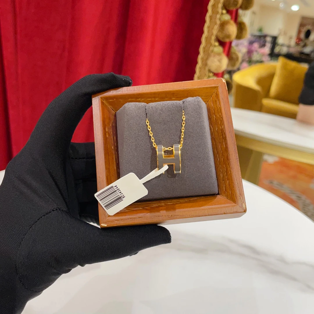 95新 Hermes/爱马仕 GGS丨pop大号灰色H金色项链/60343844
