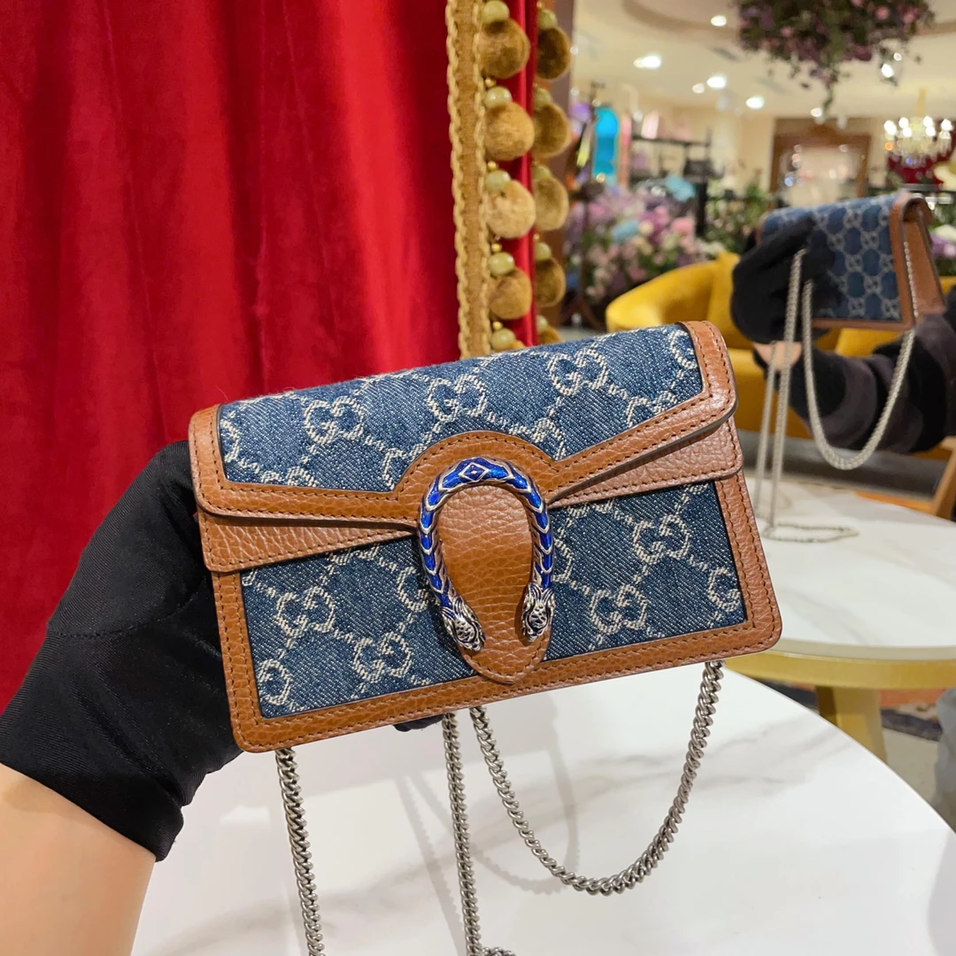 95新 GUCCI/古驰 GGS丨蓝色银扣丹宁拼皮super mini酒神 76791989