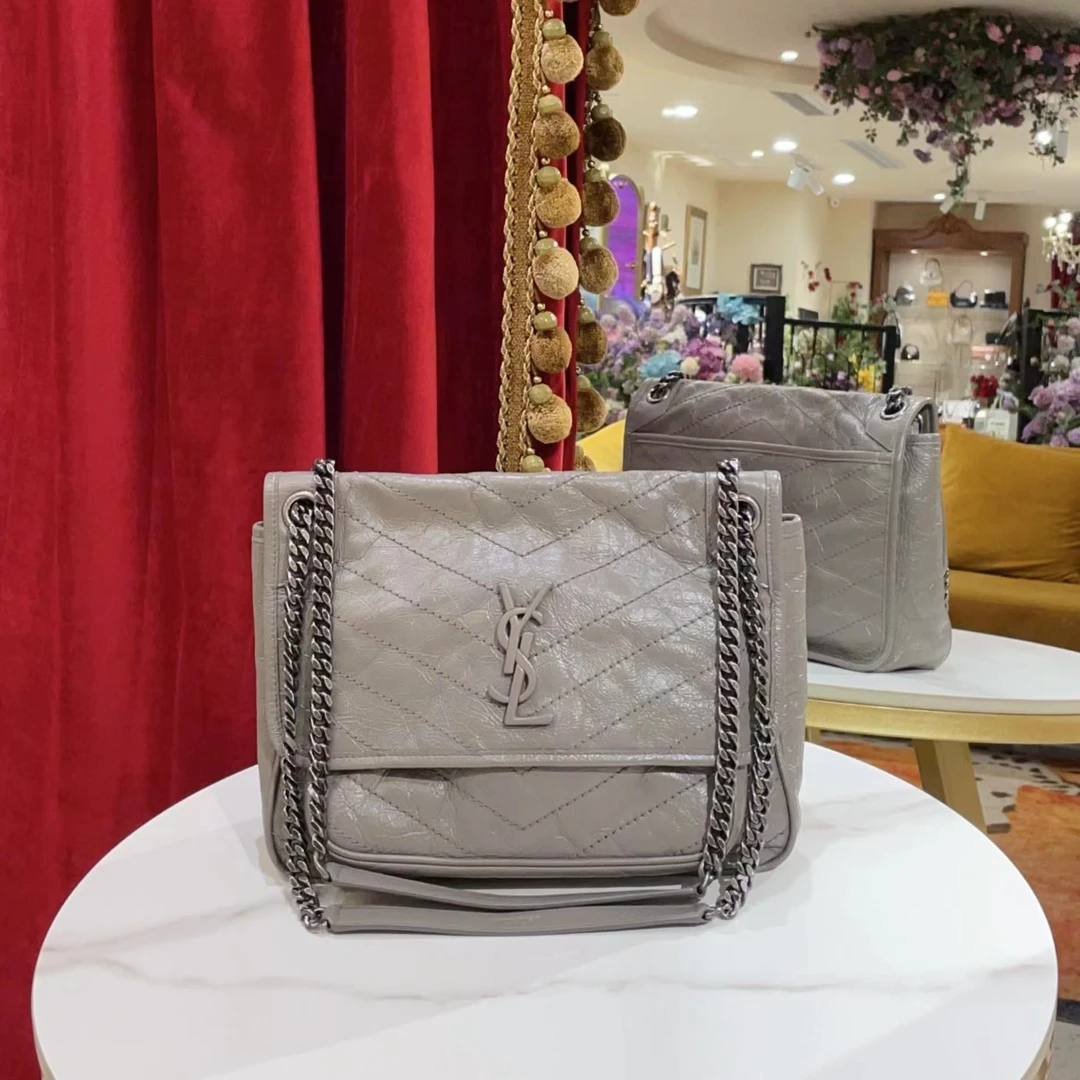 95新 YSL/圣罗兰 GGS丨niki中号灰色银扣油蜡单肩包/19006911