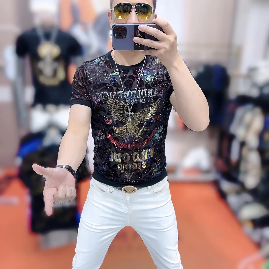 力龍潮牌男士夏季新款高定重工老鹰展翅时尚潮流修身弹力短袖