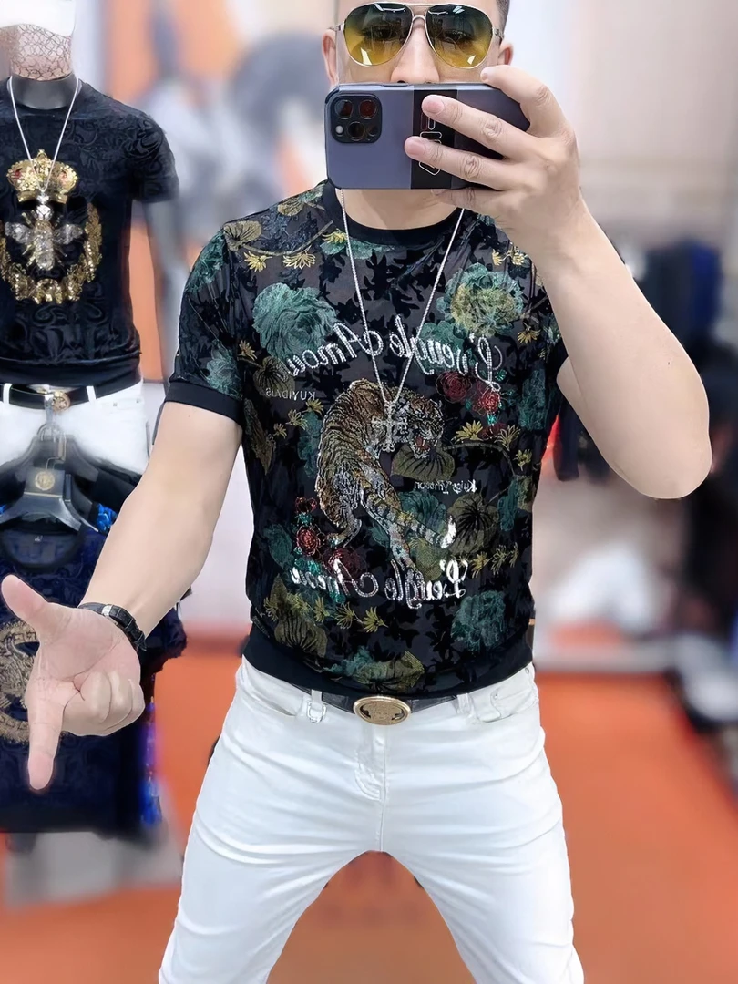 力龍潮牌男士夏季新款重工冰丝猛虎时尚潮流修身百搭弹力短袖T桖