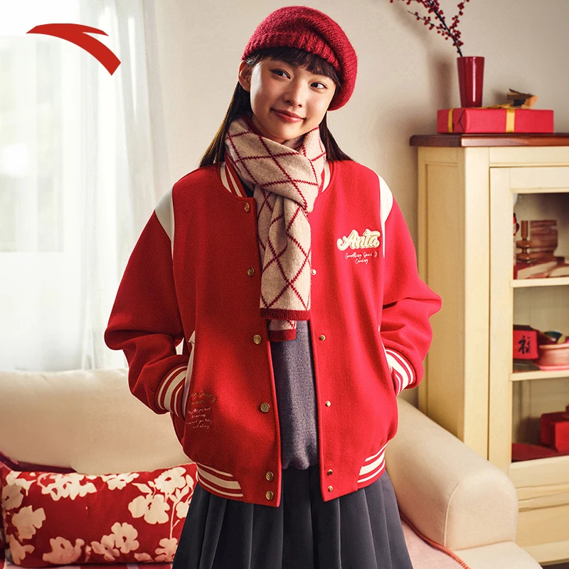 安踏好事发生丨棒球服外套女士冬季学院风红色休闲夹克162518727N