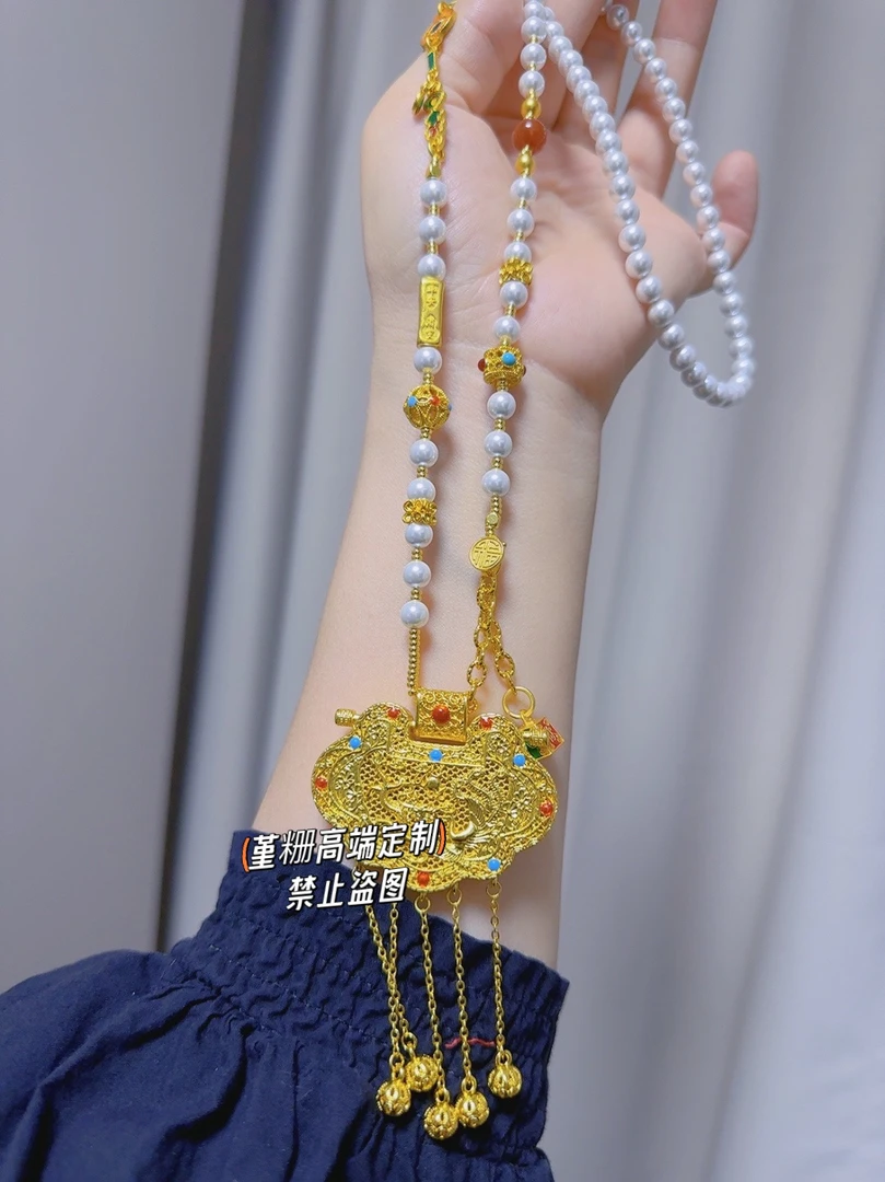 合金仿珍珠项链 上上如意贝珠链配(红蓝珐琅彩)天子门生项链