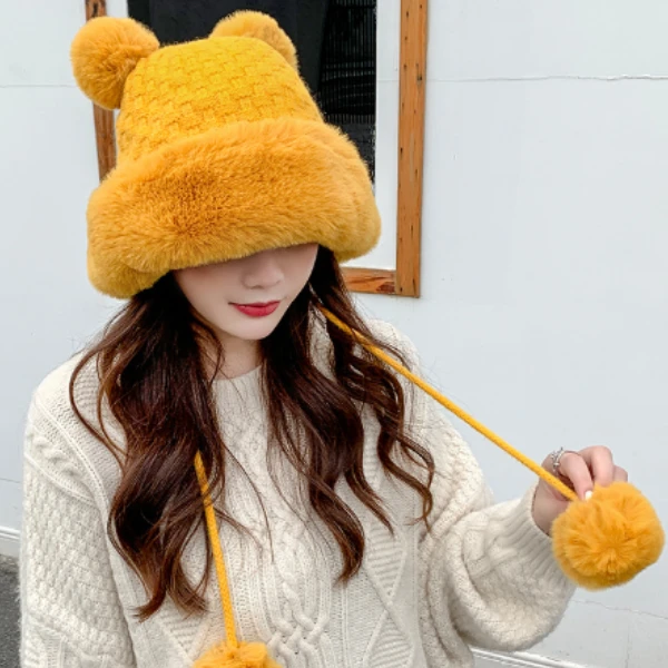 毛绒帽子可爱毛绒绒耳朵女冬季加绒保暖套头帽针织护耳帽中学生