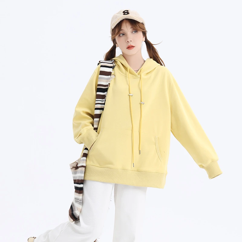 【青】秋季黄色长袖连帽袋鼠纯色卫衣 2031