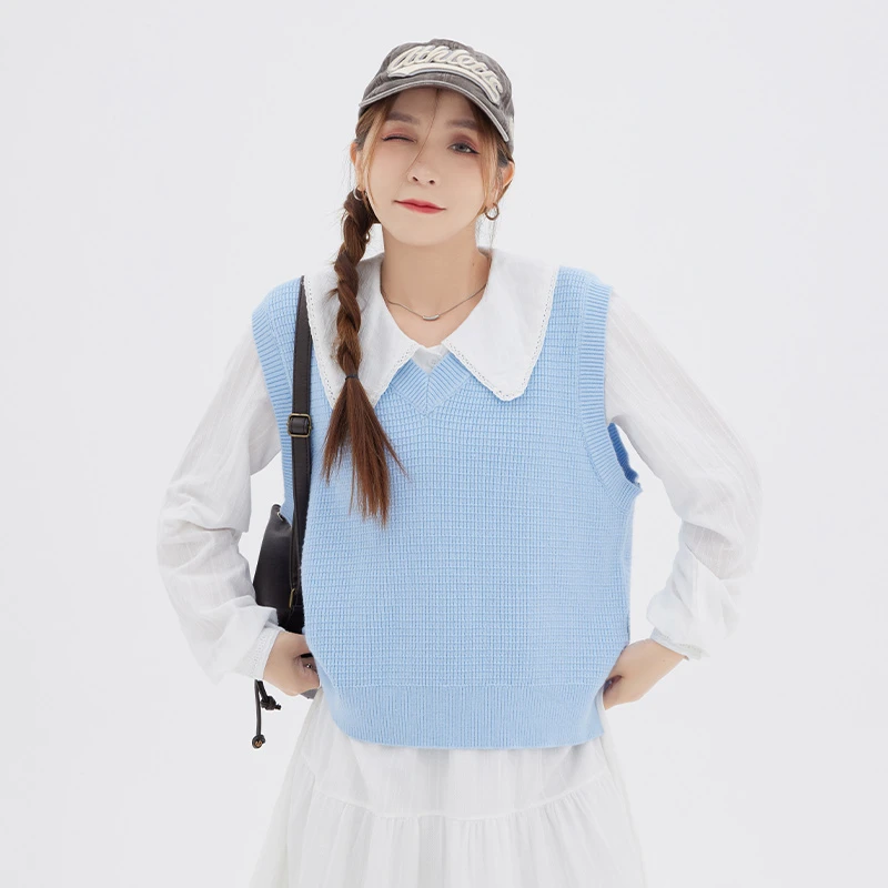 【青】设计感显瘦青春时尚菠萝花纯色V领马甲 yb002