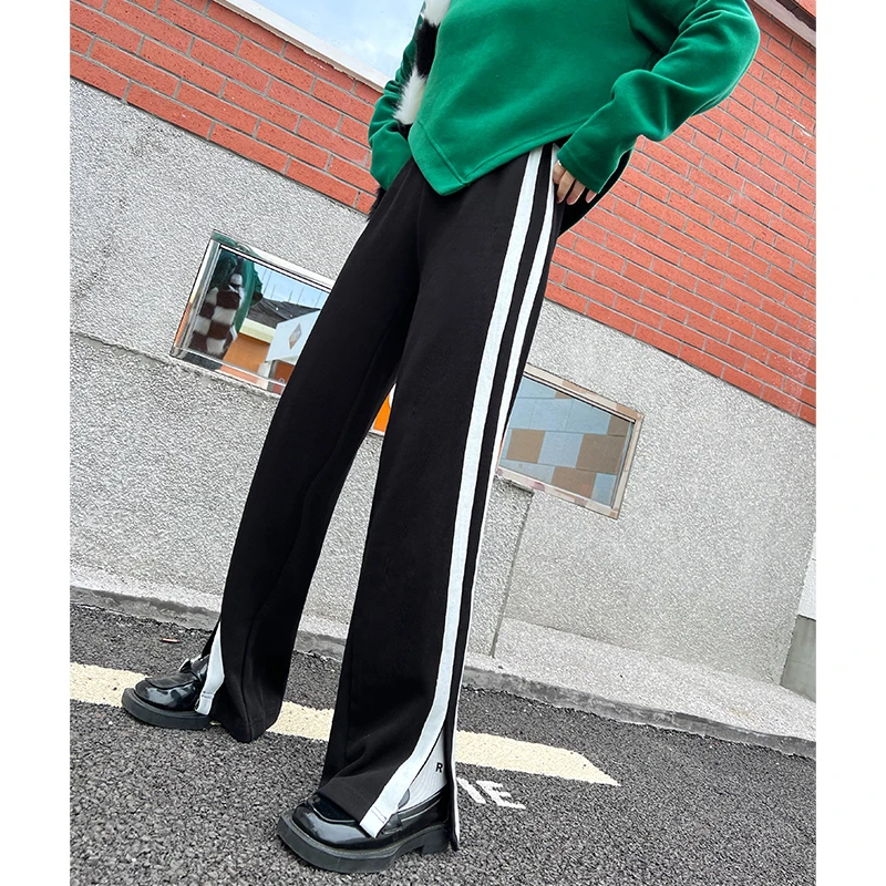 【青】微胖设计感侧斜条休闲大长腿直筒显瘦修容裤9669