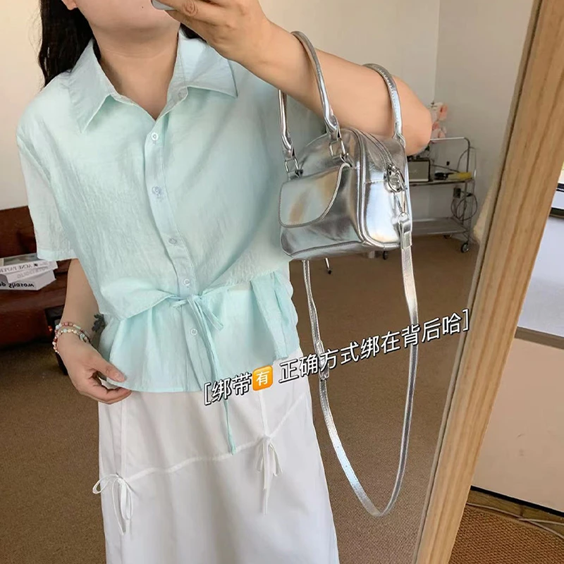【青】夏款微胖大码小清新气质小众系带收腰衬衫 3051