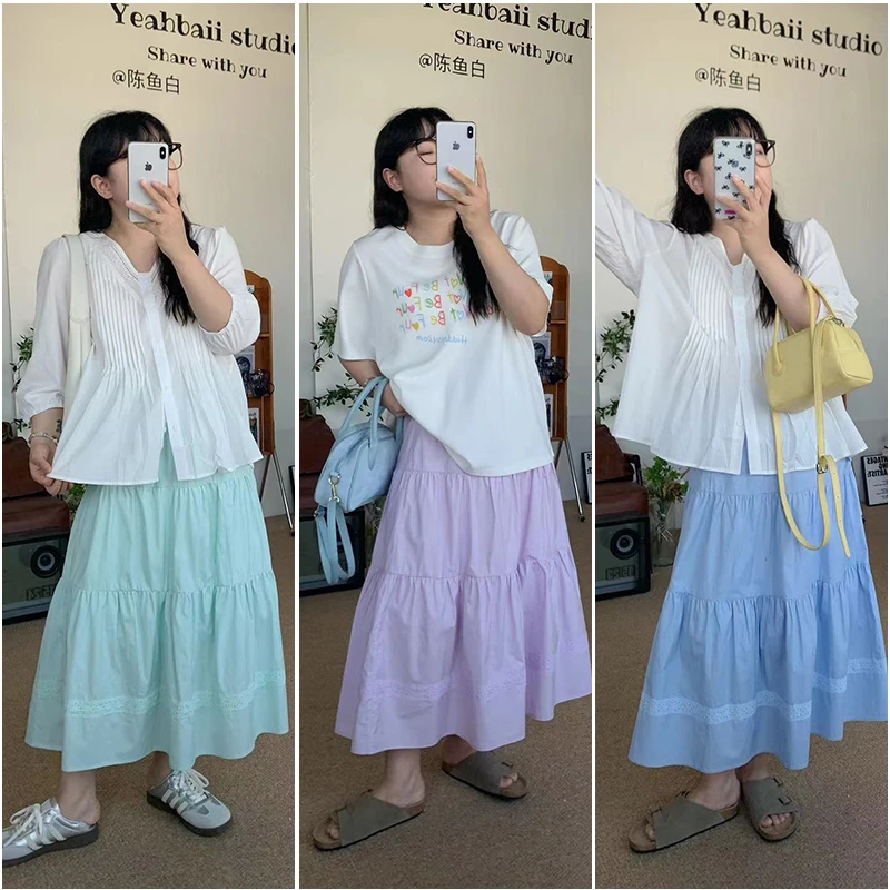 【青】蕾丝蛋糕半身裙 3072