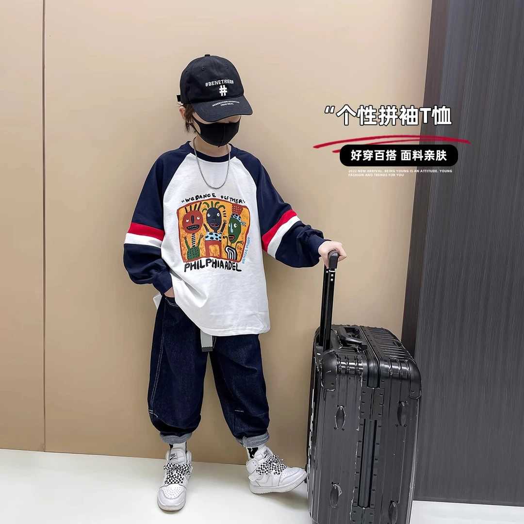 男童打底衫春秋季2025新款中大童洋气上衣韩版插肩袖卡通纯棉T恤