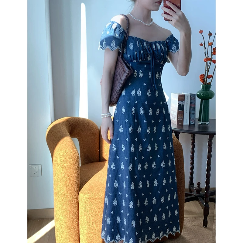 法式优雅碎花连衣裙女夏季高腰显瘦长裙37111