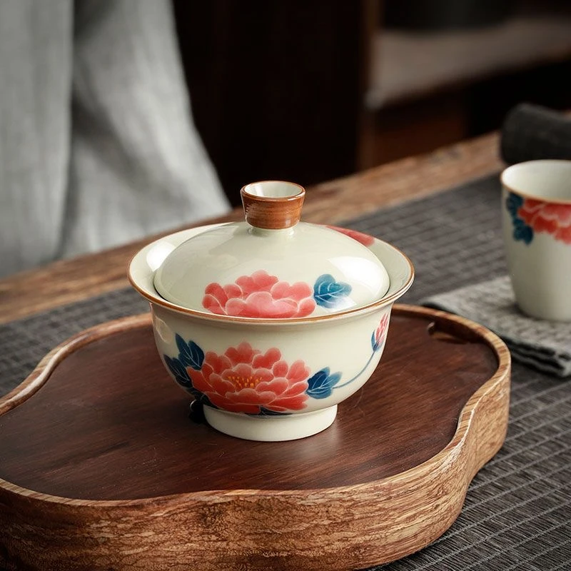 牡丹手工复古盖碗高档茶具泡茶碗防烫手写盖碗釉里红小盖碗陶瓷