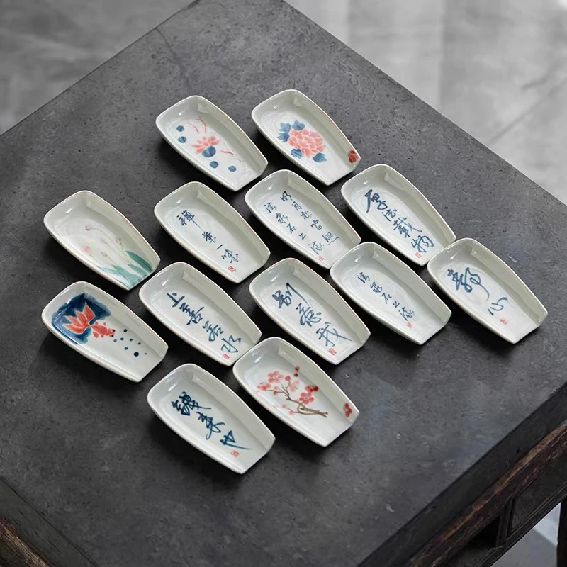 草木灰手绘茶荷茶则陶瓷功夫茶具配件简约中式家用手工茶道釉下彩