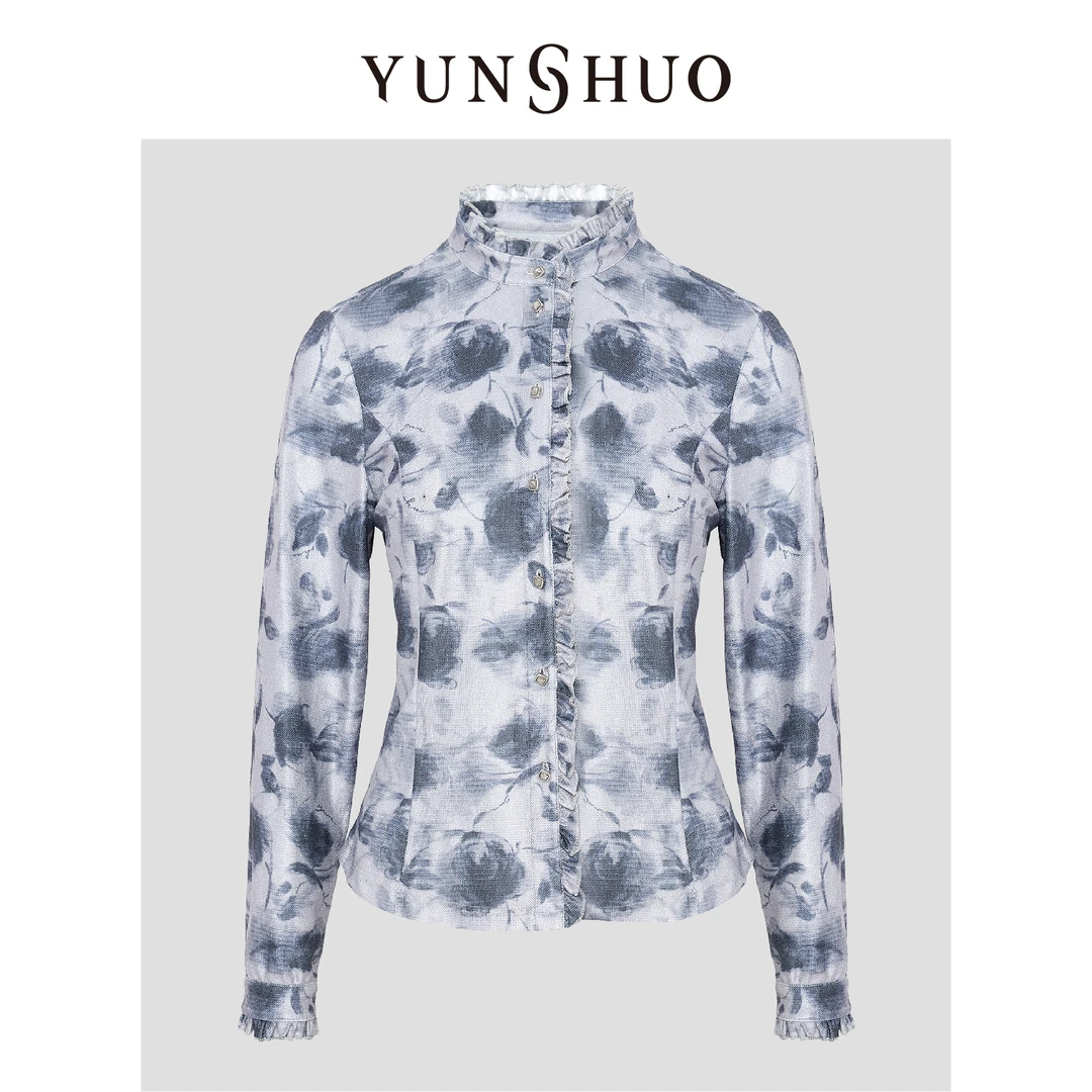 YUNSHUO允硕秋冬新品时尚印花立领木耳边修身简约百搭衬衣339769