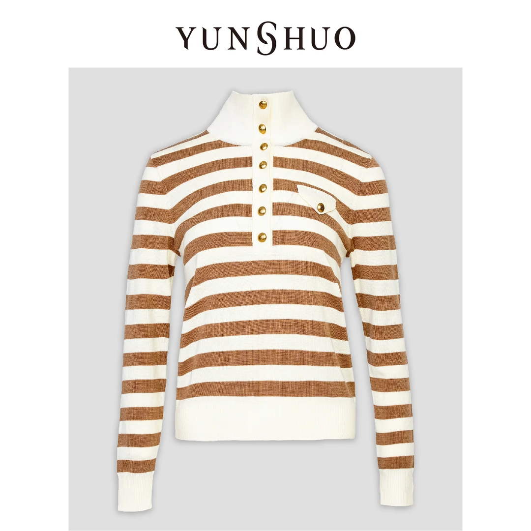 YUNSHUO允硕秋冬新品时尚拿铁针织百搭条纹立领休闲套头衫739525