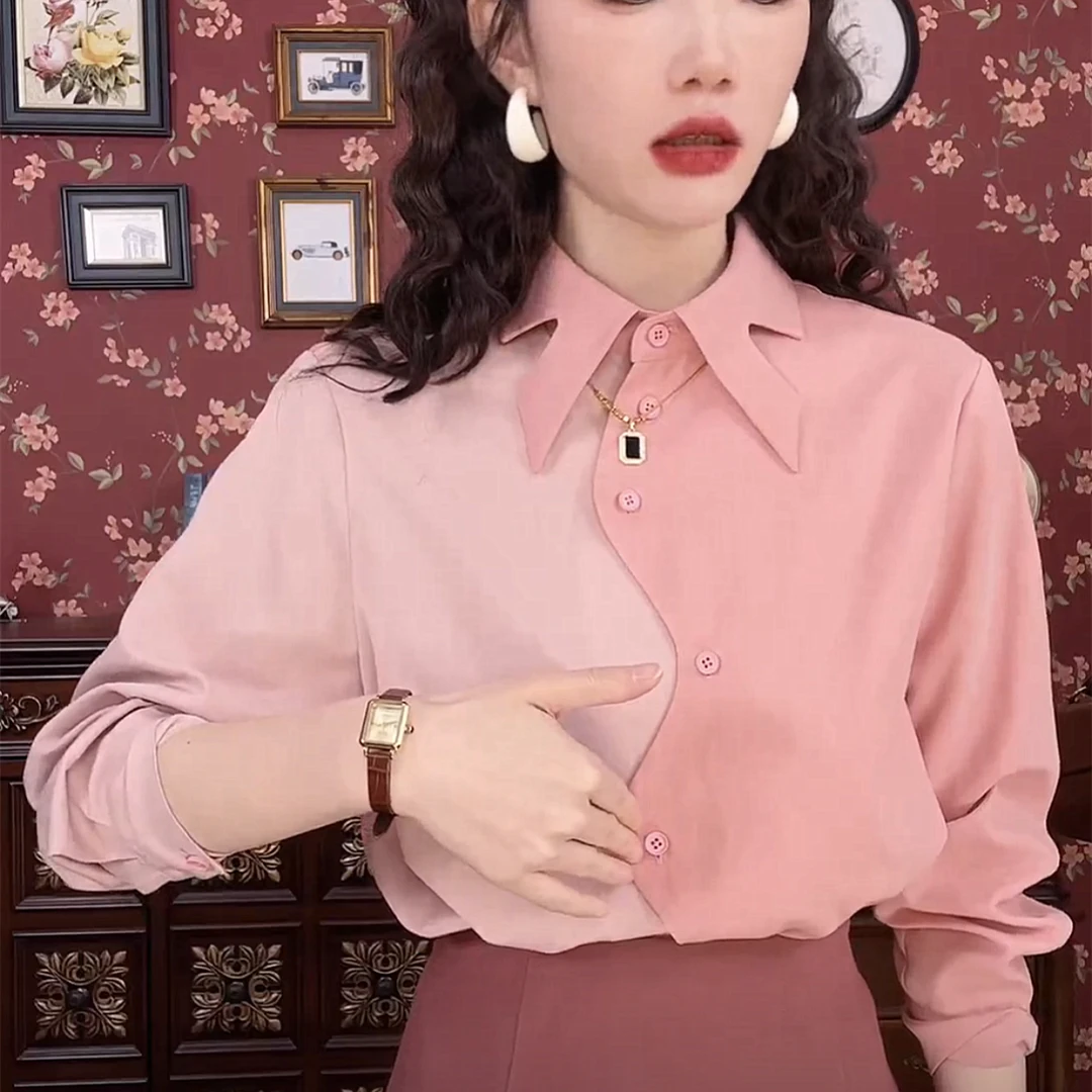 港风复古撞色衬衫女长袖秋冬新款设计感宽松加厚不规则叠穿上衣女