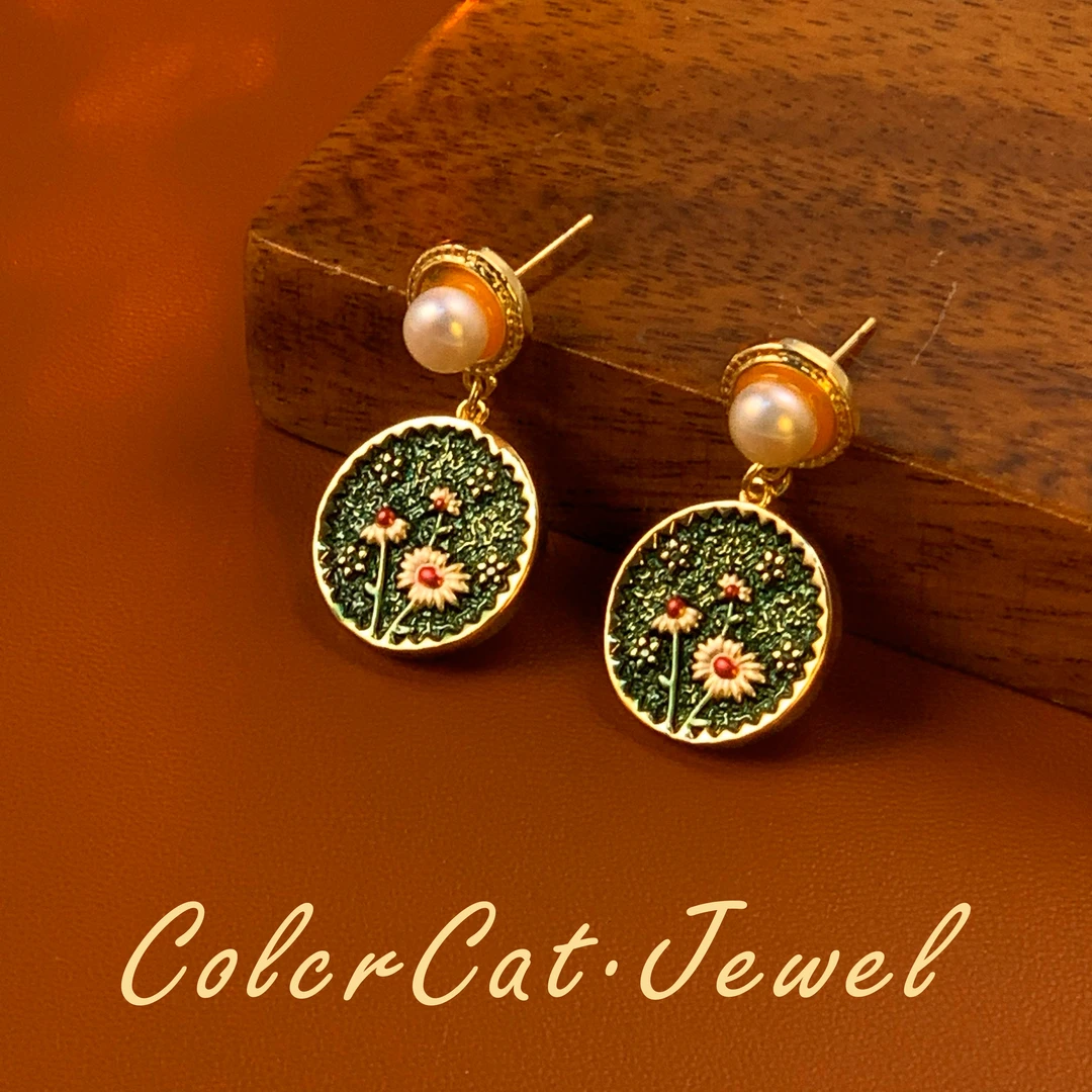 D1147天然珍珠【莫奈田野】莫奈花园油画系列耳钉