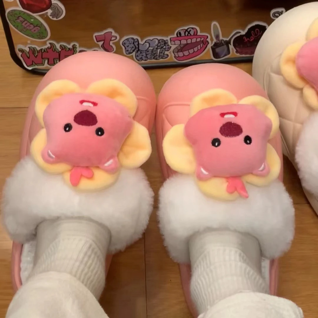 可爱卡通海狸防水棉拖女外穿秋冬百搭居家可拆卸洗毛毛拖鞋送女友