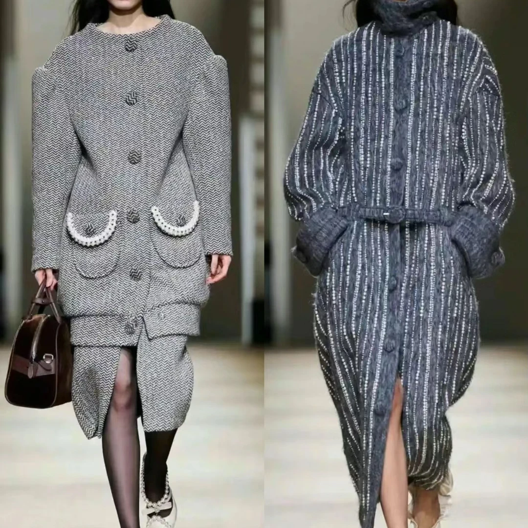 冬季走秀时尚洋气小香风加厚套装设计师潮牌大衣休闲长裤打底衫