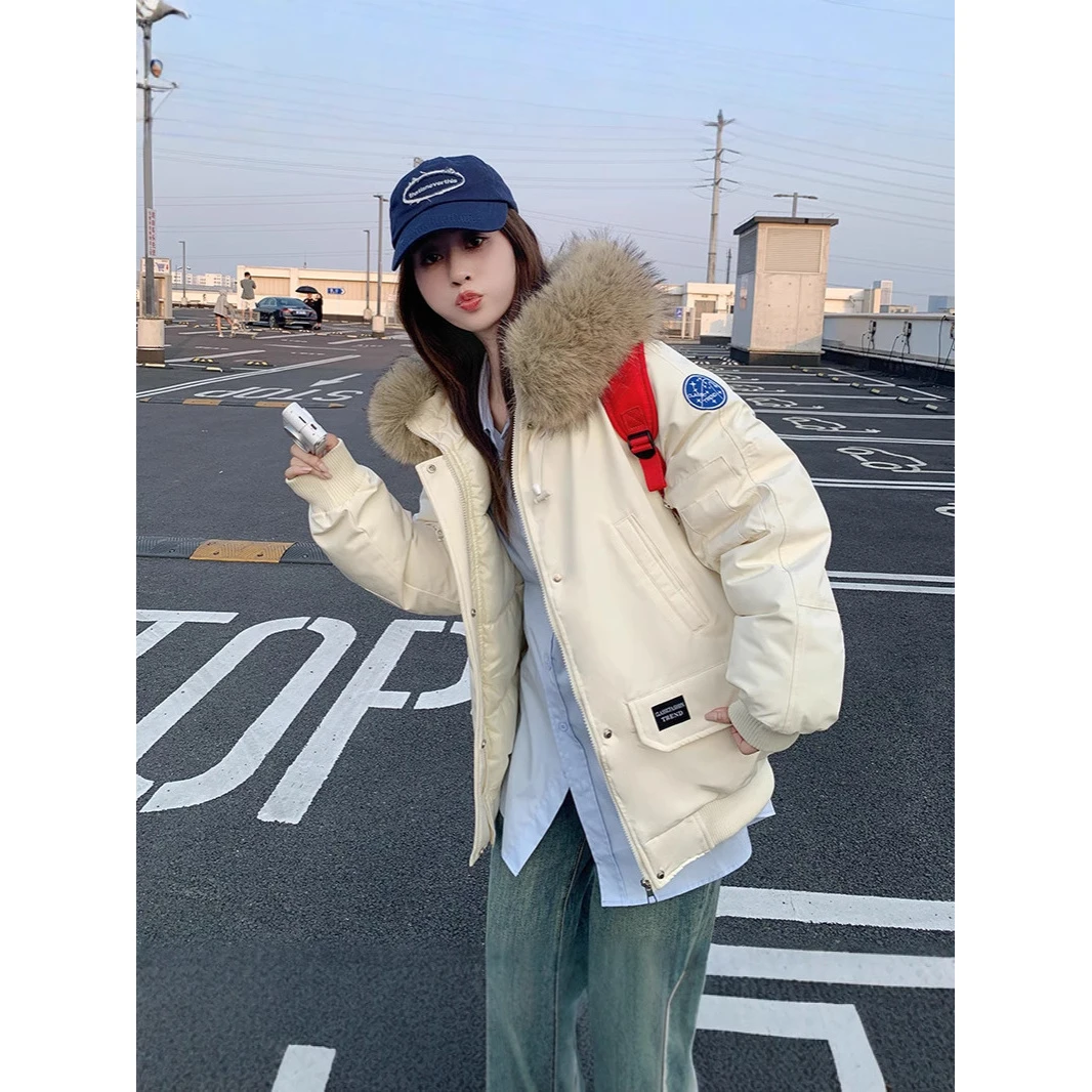 大毛领工装派克服棉服女冬季夹棉美式复古设计感加厚棉衣外套中长