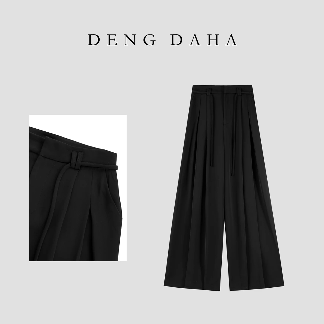 「大甩裤」百搭休闲绑带直筒裤高腰黑色休闲裤女 HBZC914643 nnassa