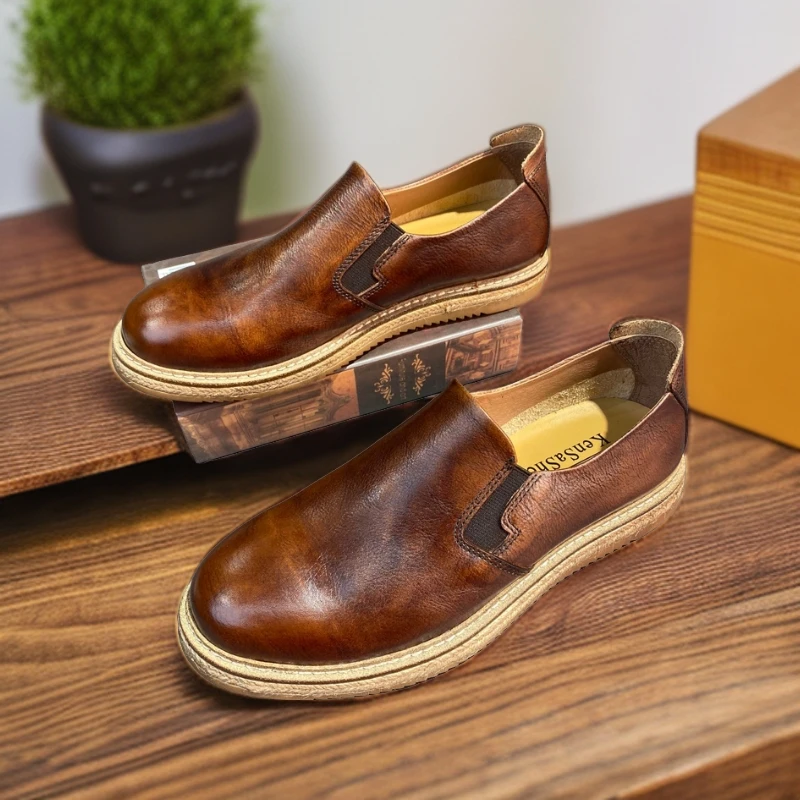 新款复古渔夫鞋手工编织软底真皮乐福鞋透气懒人皮鞋休闲皮鞋男款