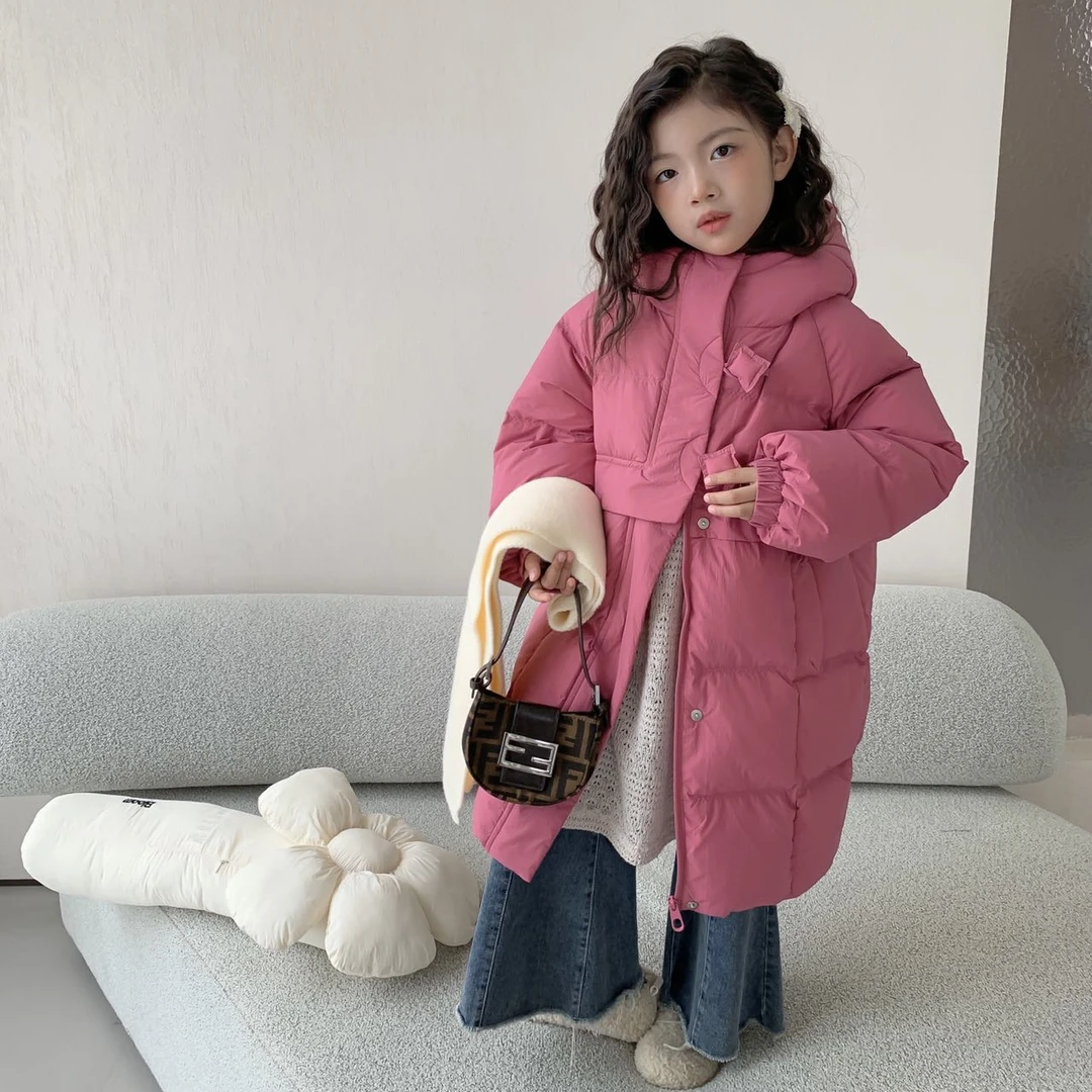 【羽绒服长款】女童韩版长款三色羽绒服小方块款冬季