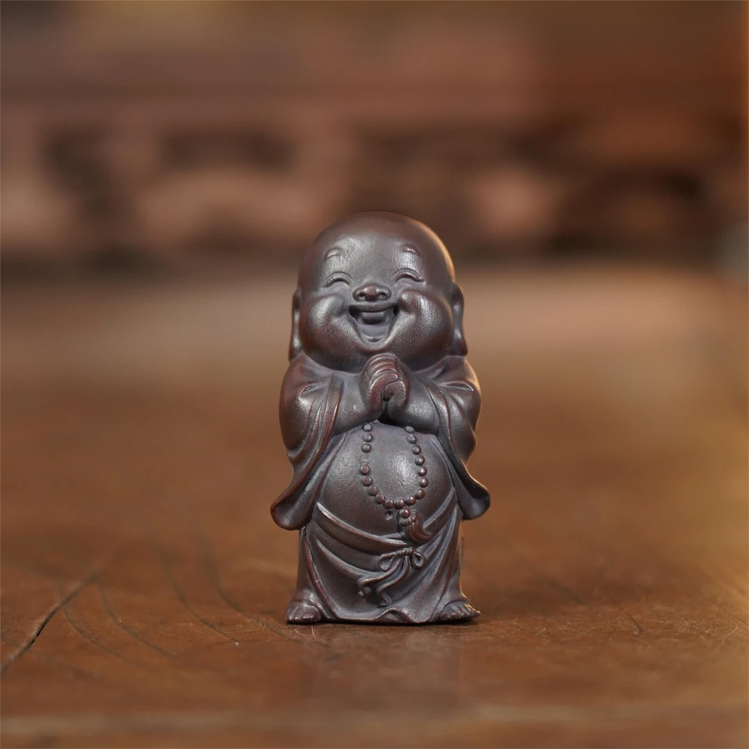 宜兴原矿紫泥雕塑弥勒佛紫砂手工茶宠茶玩茶道摆件