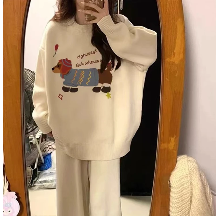 腊肠狗毛衣女秋冬季软糯小众设计感宽松慵懒风圆领针织衫上衣