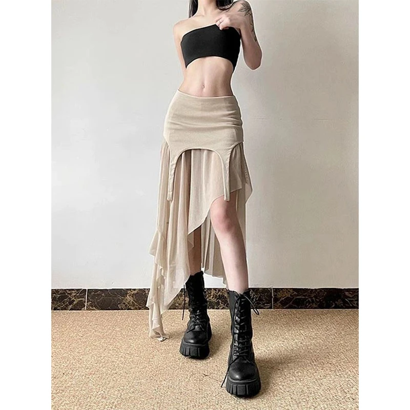 福利品冲量设计感网纱拼接不规则半身裙秋季高腰显瘦包臀防走光裙