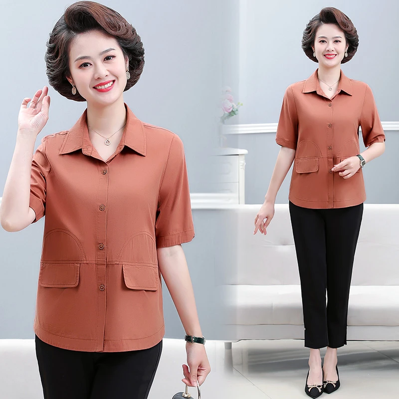 中老年妈妈装夏季短袖衬衫女士夏季翻领衬衣时尚洋气遮肉显瘦小衫