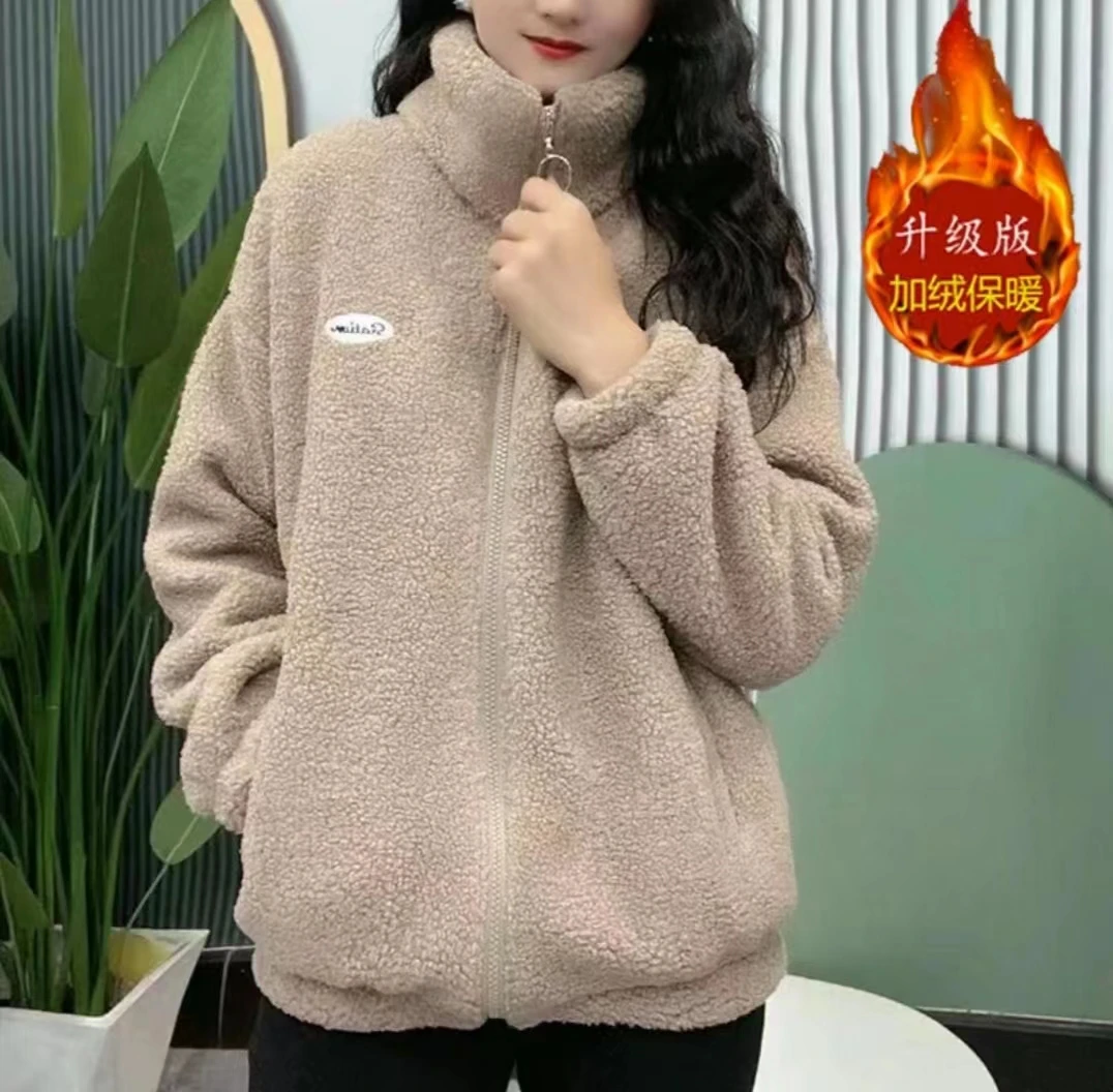 秋冬女款加绒加厚颗粒绒外套女士时尚减龄休闲百搭洋气一体绒上衣