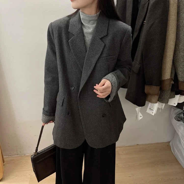 2024冬季韩版新款高级感西服毛呢外套女内胆西装西装外套女