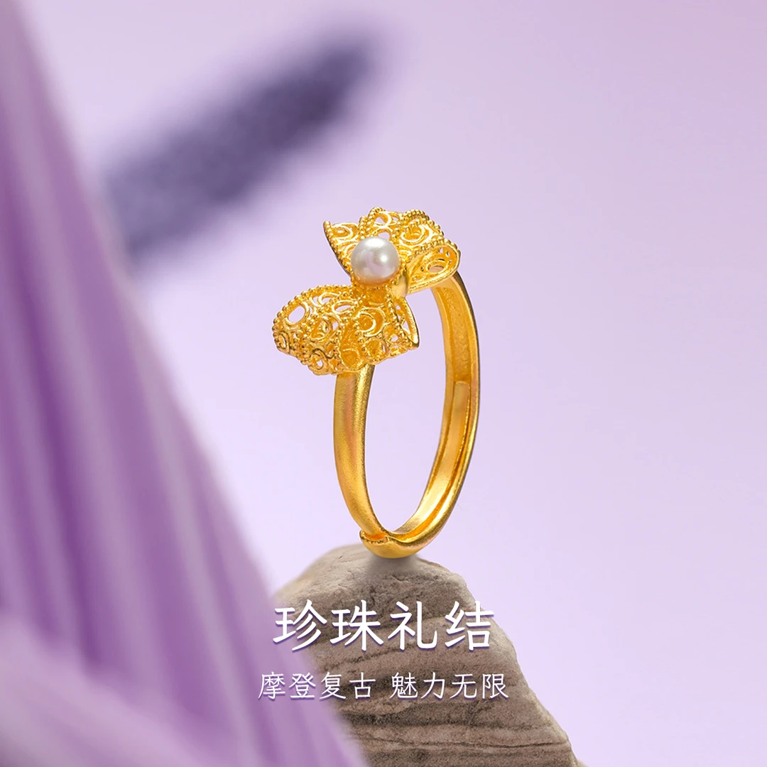 梦金园足金蝴蝶结戒指国潮古法时尚戒指旗舰店官方正品