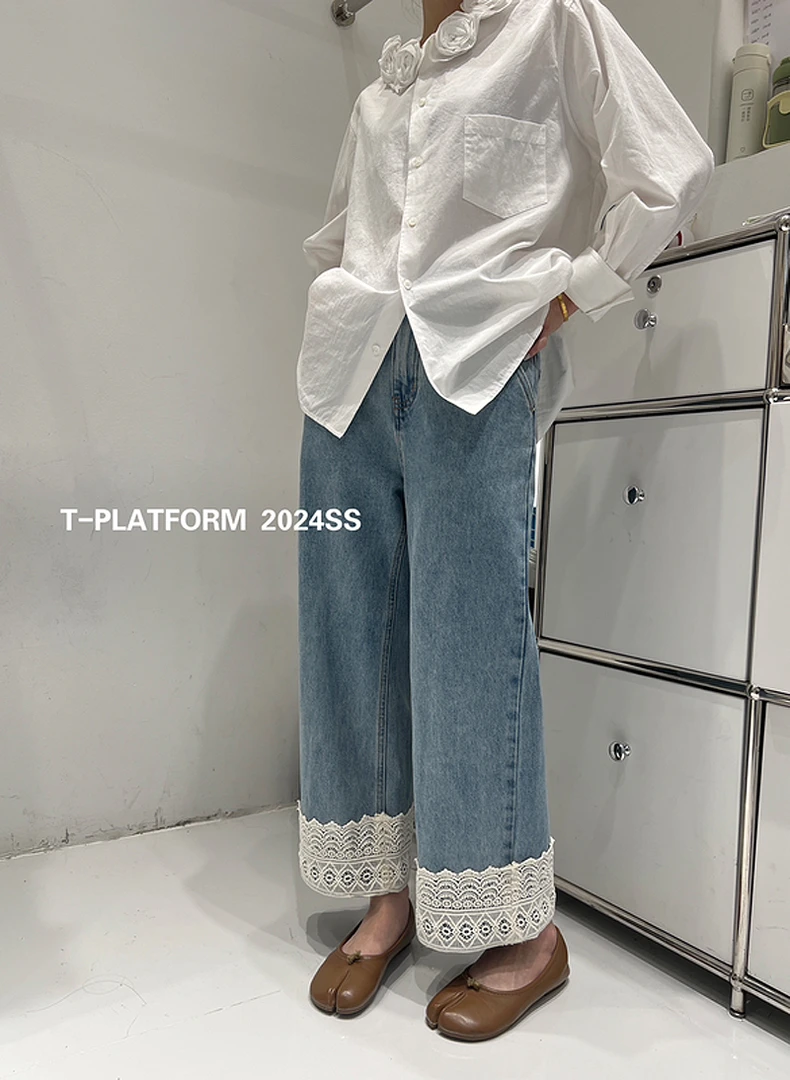 小香风蕾丝花边拼接直筒牛仔裤女小个子春秋款高腰显瘦休闲九分裤