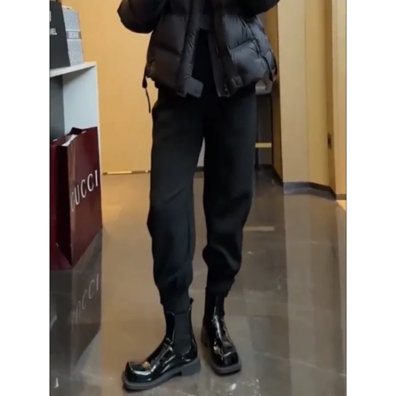 大码黑色直筒休闲哈伦裤女2024秋冬新款加绒加厚高腰宽松显瘦裤子