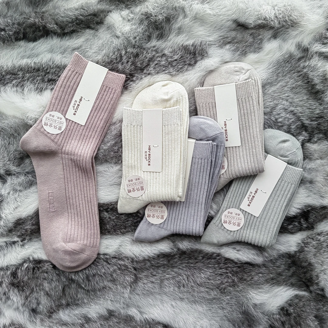 秋冬款男女商务中筒纯色休闲袜子双针棉线针10双