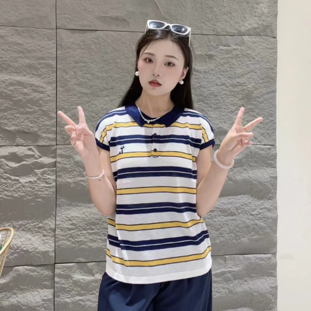 【小雨优选】欧货夏季新款条纹刺绣针织T恤女-001